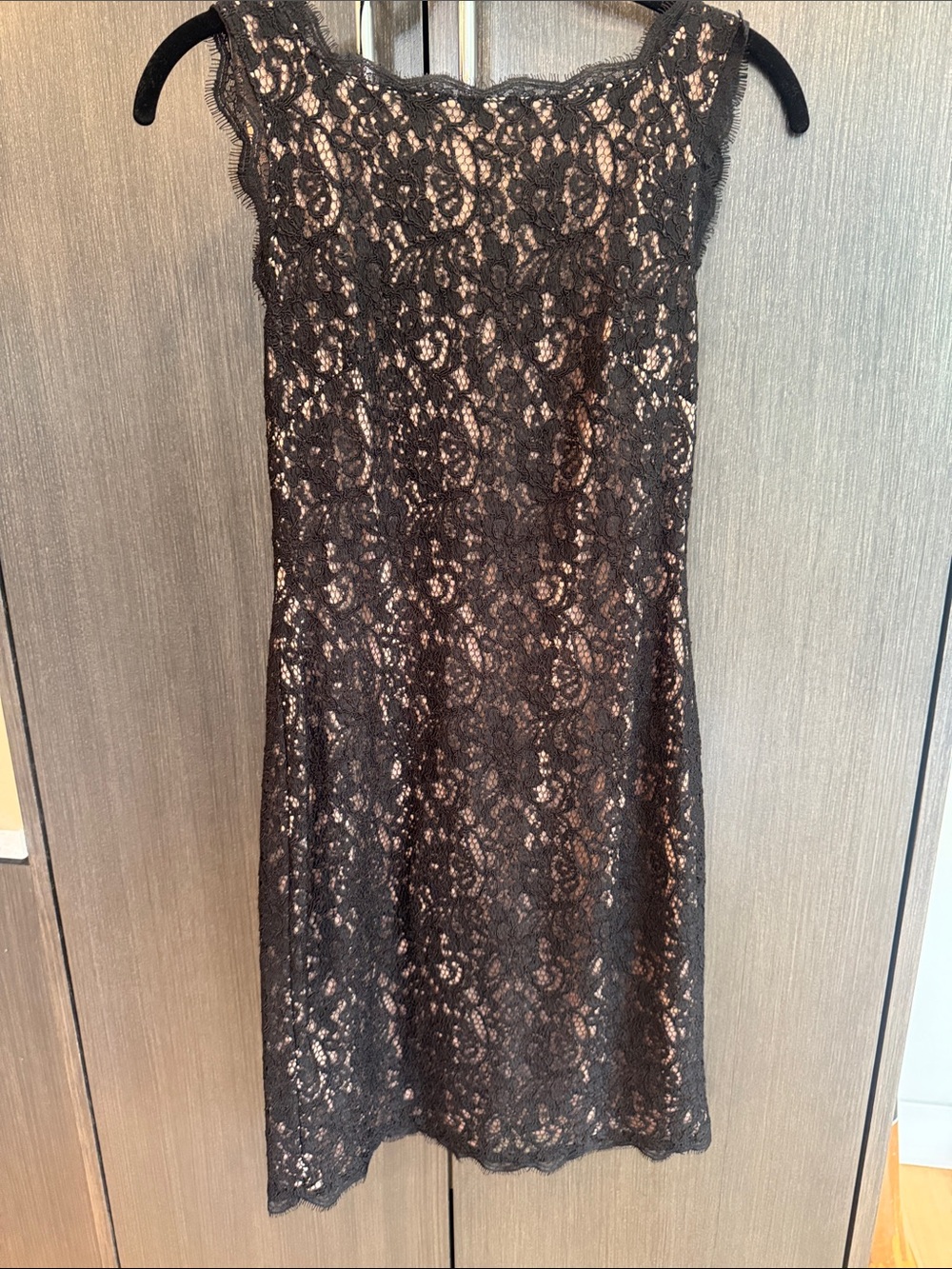 Adrianna Papell Black Lace Midi Dress with Nude Underlay